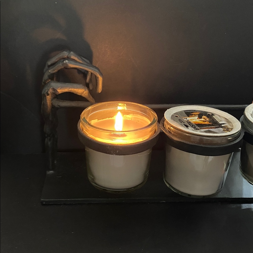 Black Metal Skeleton Hands Candle Holder with 5 Glass Votives and 5 Wax Candles
